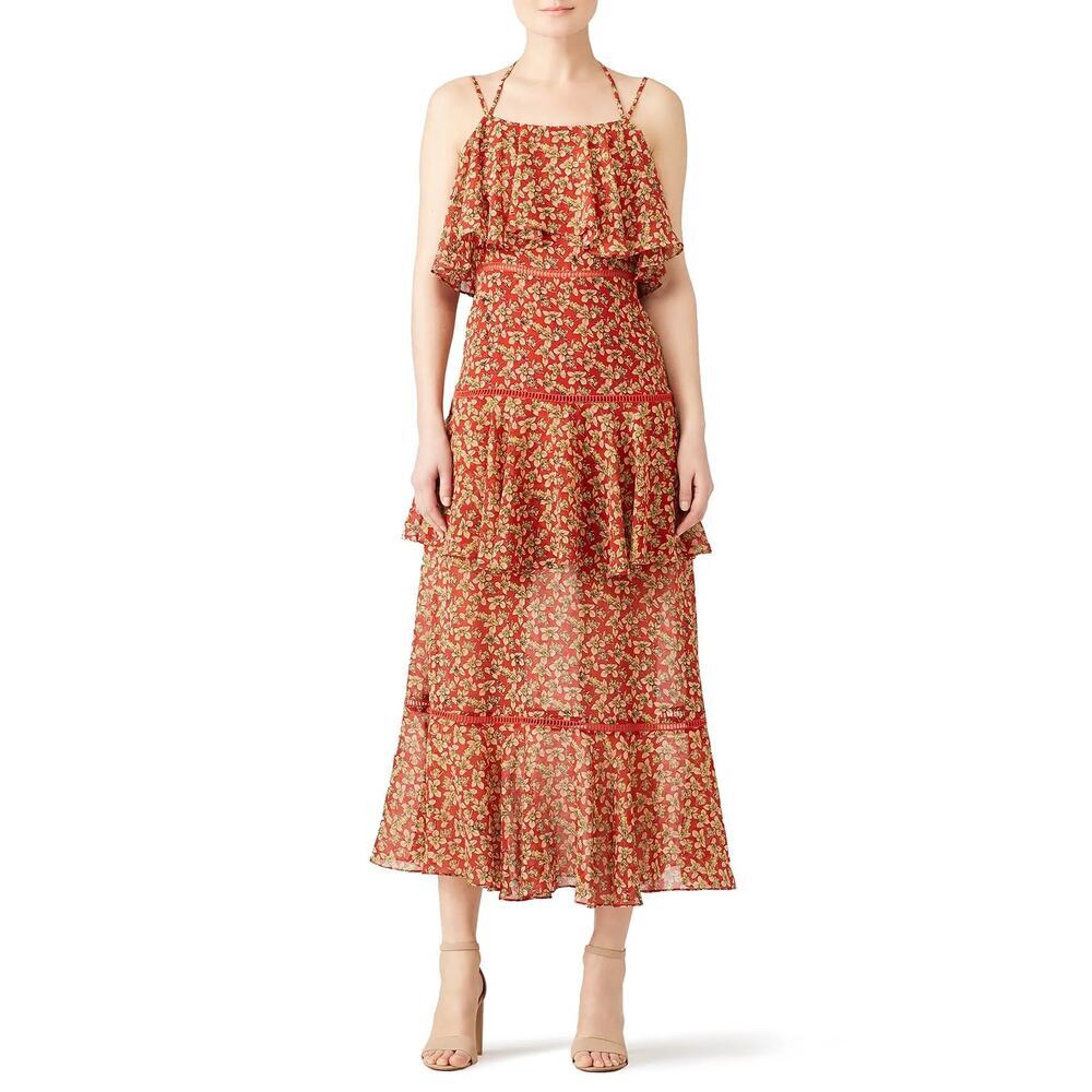 Rebecca Minkoff Floral Clarissa Tiered Midi Dress 14 Ruffle Overlay Boho NWT